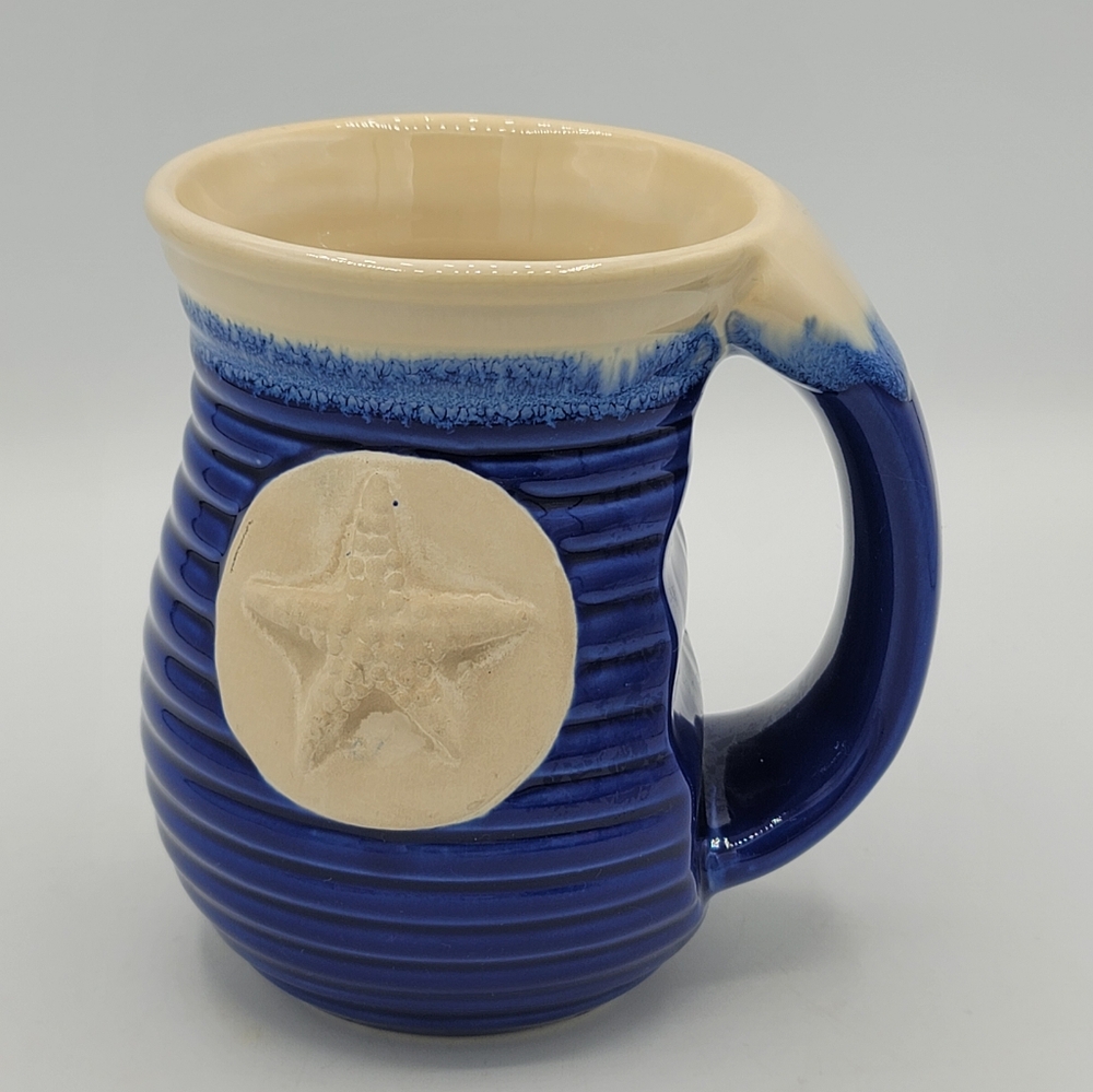 DEI Starfish Mug Nautical Coastal Pottery Ribbed Blue Tan 5.25" Cozy Hand Grip - Picture 10 of 10
